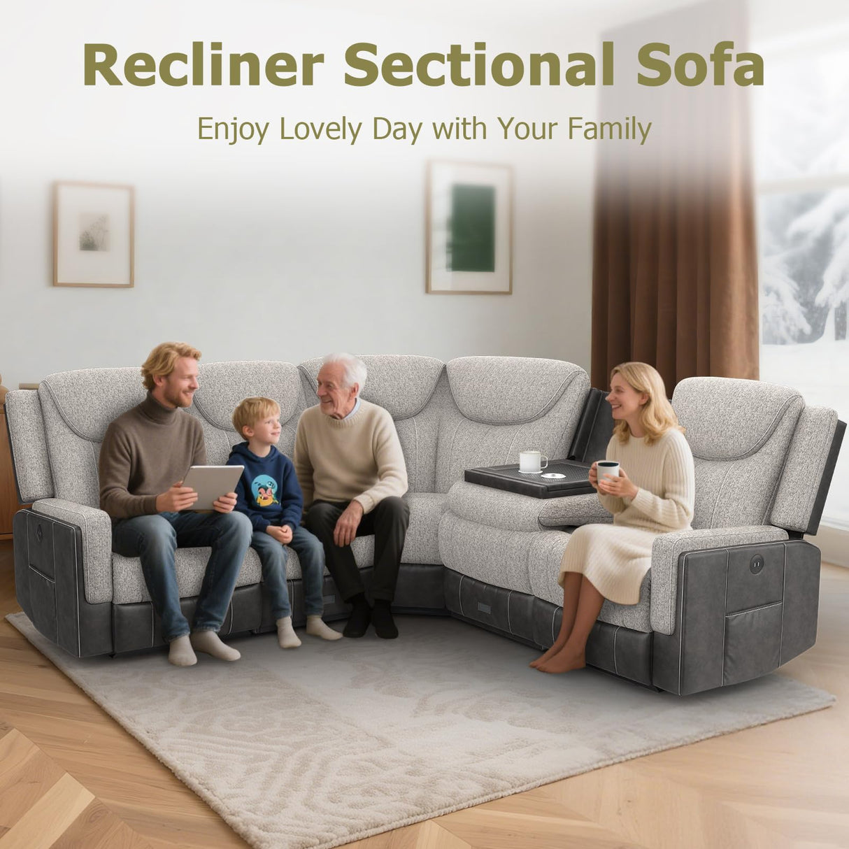 Dresegmt Manual Recliner Sectional Sofa for Living Room, Corner Couch with Flip Middle Backrest, USB Ports & Cup Holders, Grey Linen & Chocolate Leather, 5 Seater Sectional Couch Dresegmt