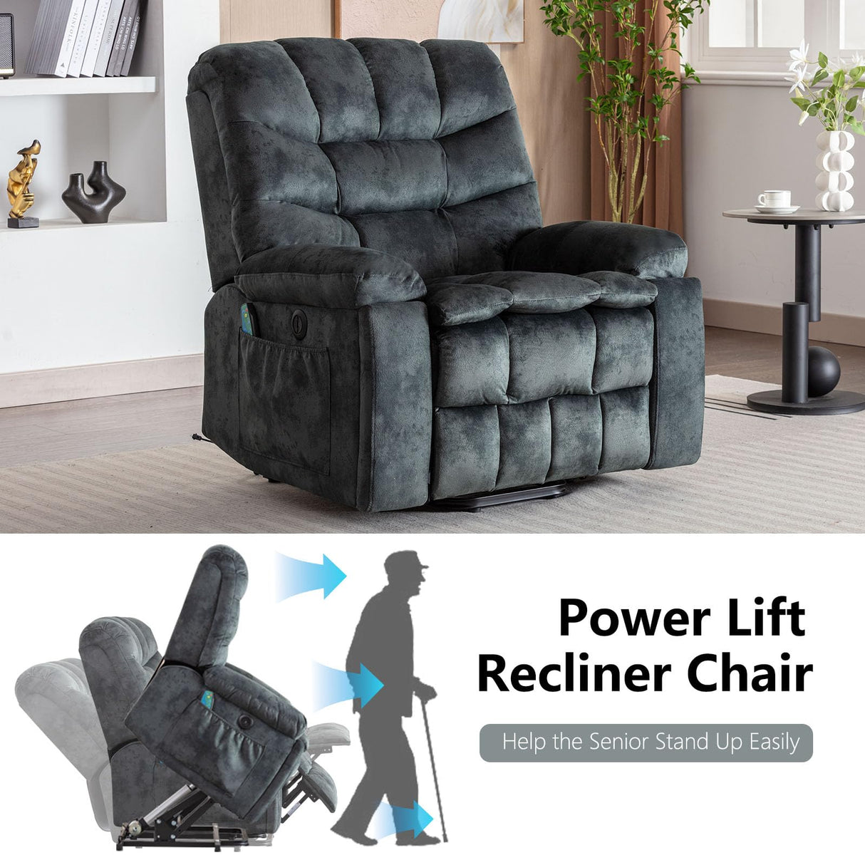 IOMOR Large Power Lift Recliner with Massage and Heat for Elderly, Heavy Duty & Safety Motion Reclining Mechanism, Ergonomic Electric Wider Chair with USB Port, 2 Hidden Cup Holders (1, Grey Green) IOMOR