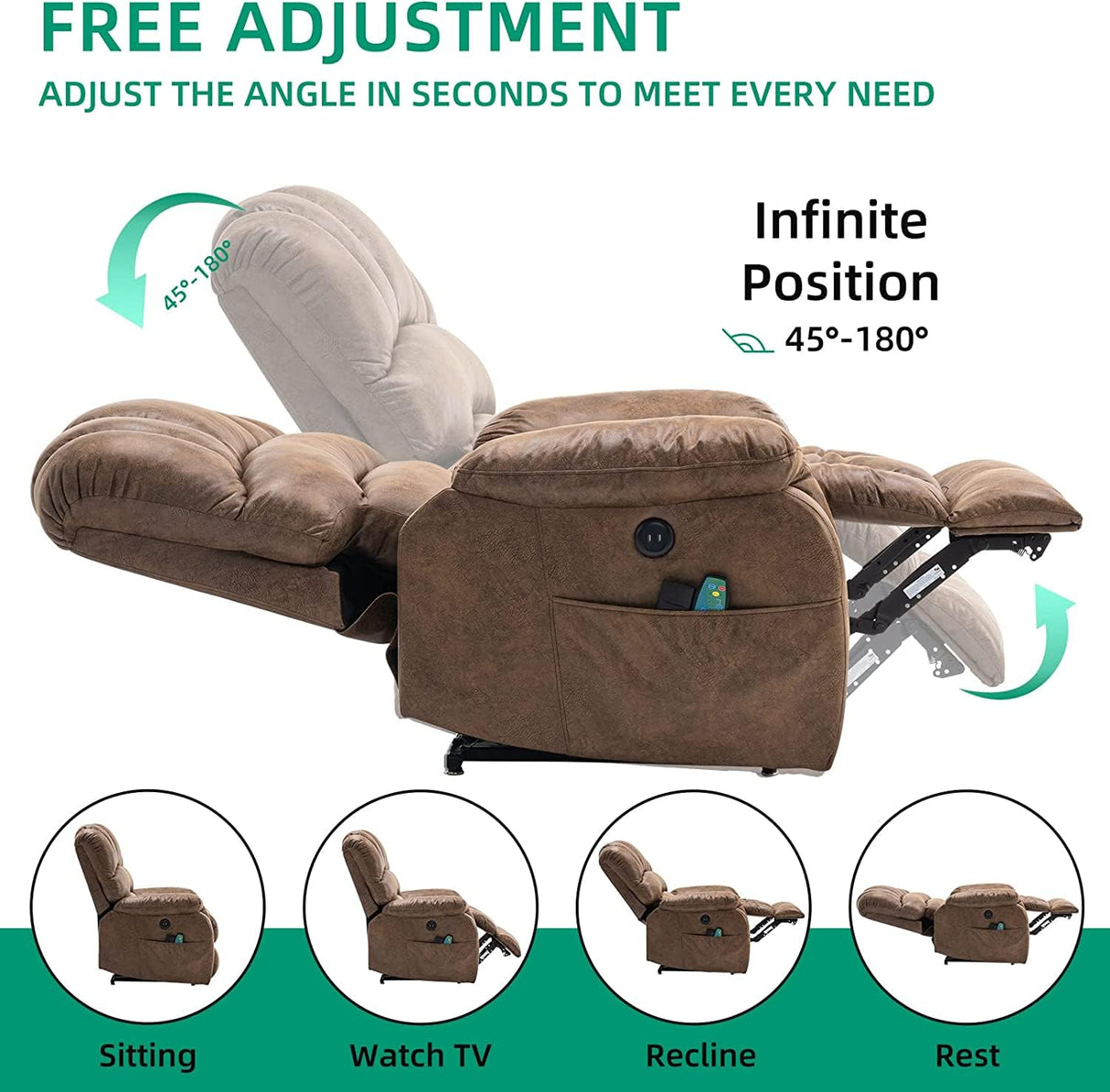 VIVIJASON Large Dual OKIN Motor Power Lift Recliner Chair for Elderly Big Man, 180° Lay Flat Electric Recliner with Heat & Massage, Infinite Position, 2 Remote Controls, Side Pockets & USB Port, Brown VIVIJASON