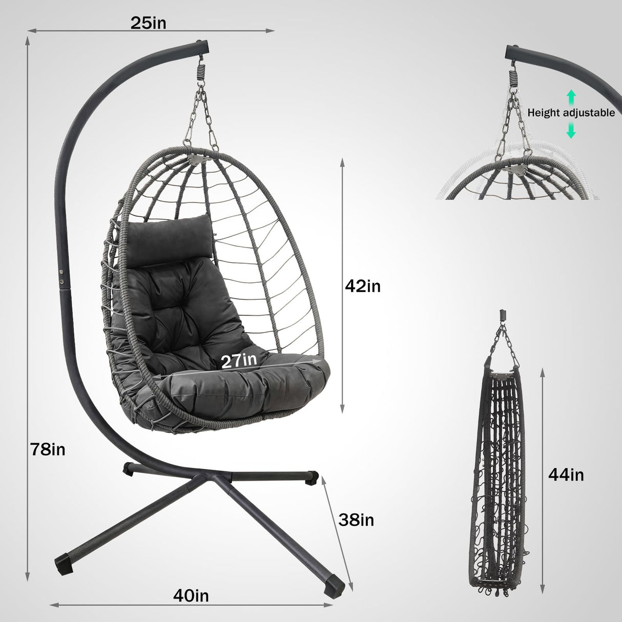 Hanging Egg Chair with Stand, Outdoor Patio Rattan Wicker Swing Egg Chair, Outdoor Indoor Hammock Chair for Porch, Living Room, Poolside and Balcony, 350LBS Capacity, Dark Grey XZHQHB
