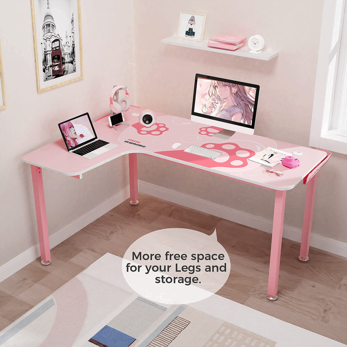 EUREKA ERGONOMIC Gaming Desk,60 Inch Pink L-Shaped Computer Desk, Corner Desk Gamer Desk Game Table with Free Mouse Pad for Girls Home Office Wood & Metal Space-Saving,Easy to Assemble,Pink EUREKA ERGONOMIC