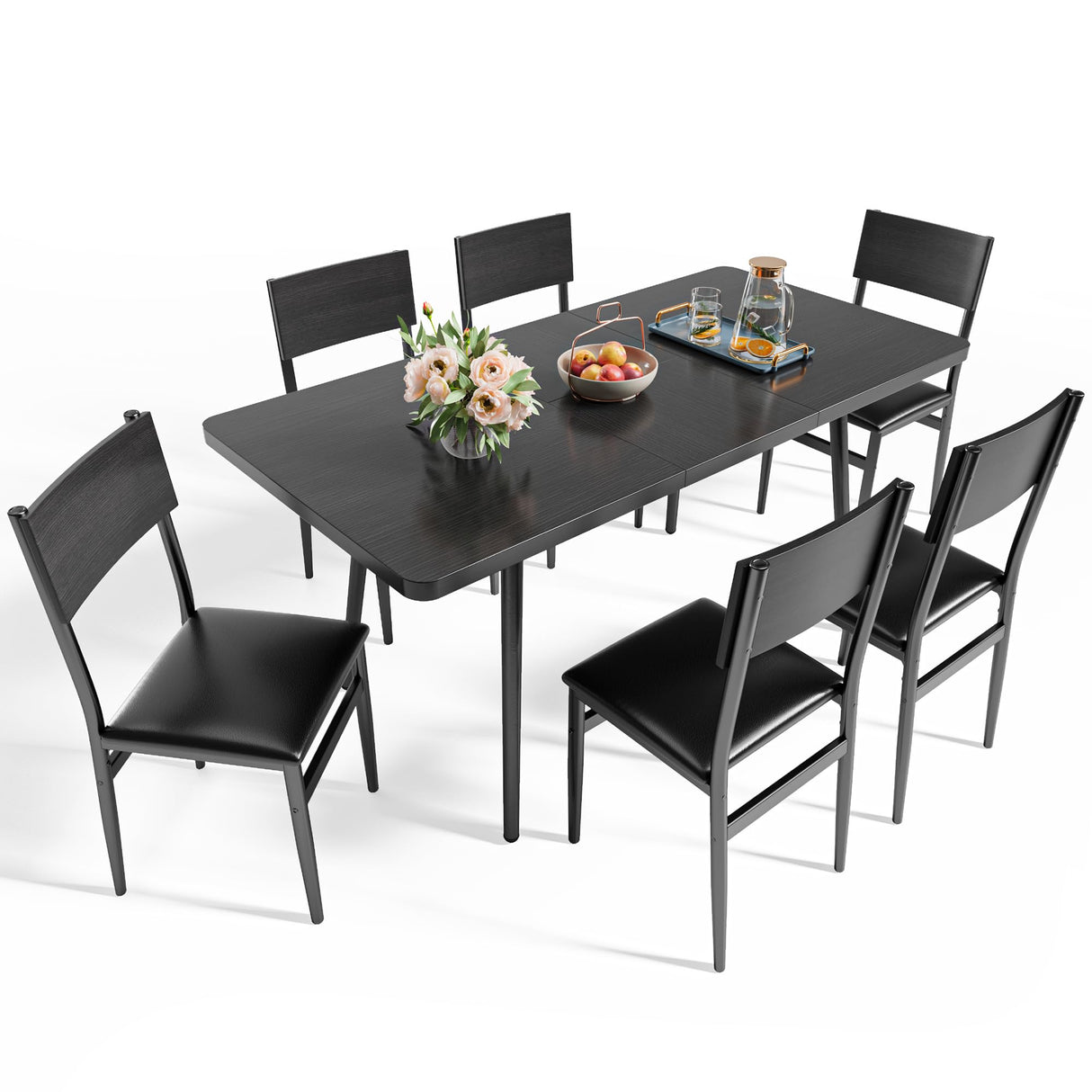 Ahomly 7-Piece Extendable Dining Table Set with 6 Padded Chairs, 63" Dining Table Set for 4-6, Kitchen Table Set with MDF Board & Metal Frame, for Small Space, Kitchen, Apartment, Black Ahomly