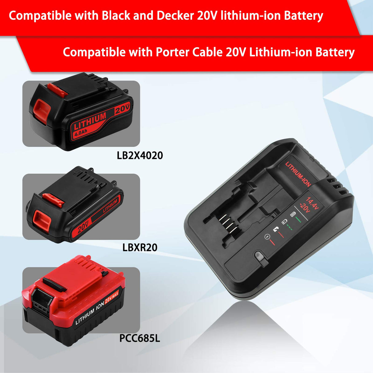20V Lithium Battery Fast Charger Compatible with Black and Decker 20V Lithium Battery LBXR20 LBXR2020 LB2X4020 and Porter Cable 20V Lithium Battery PCC680L PCC681L PCC682L PCC685L PCC685LP-1 Pack OHYES BAT