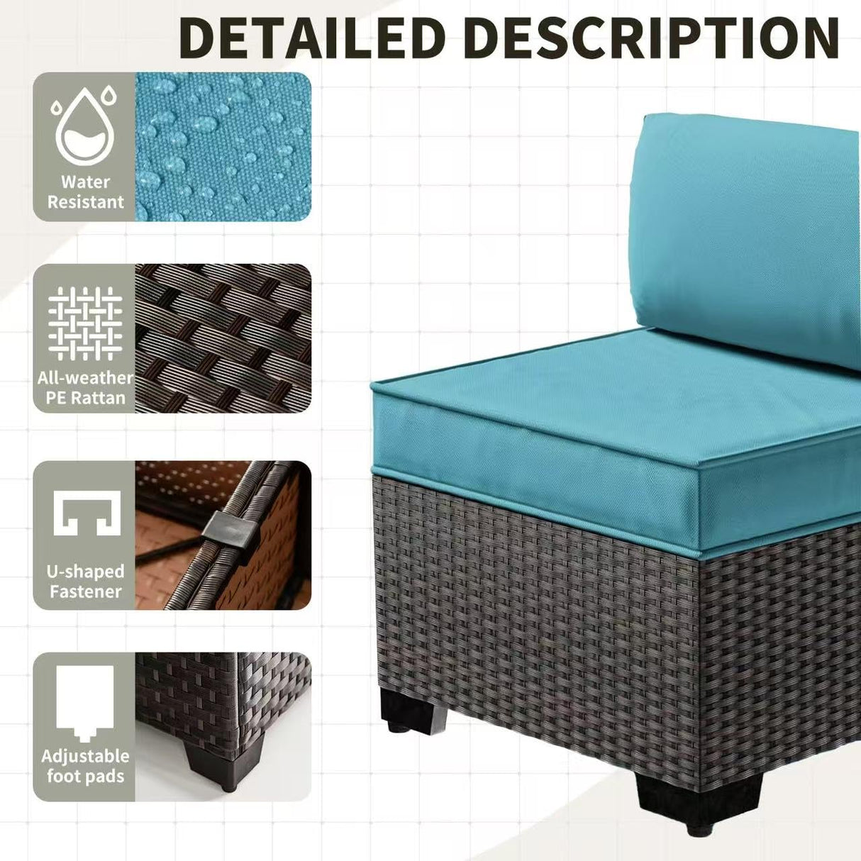 Gotland 7 Pieces Patio Furniture Set with 1 Coffee Table, 6 Seater Wicker Rattan Patio Set with 29.5'' High Backrest Thick Cushions Adjustable Foot Pads, for Porch Deck Garden Green Blue Gotland