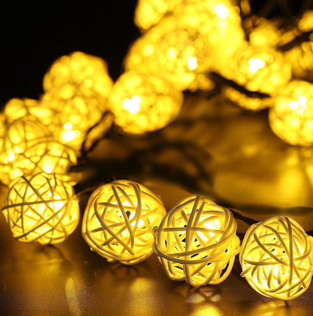 EONLYX Solar Rattan Ball String Lights, 30LED 20ft Rattan Ball Fairy Lights Waterproof Rattan Ball Garden Lights for Landscape Patio Christmas Party Wedding Decoration (Warm White) EONLYX