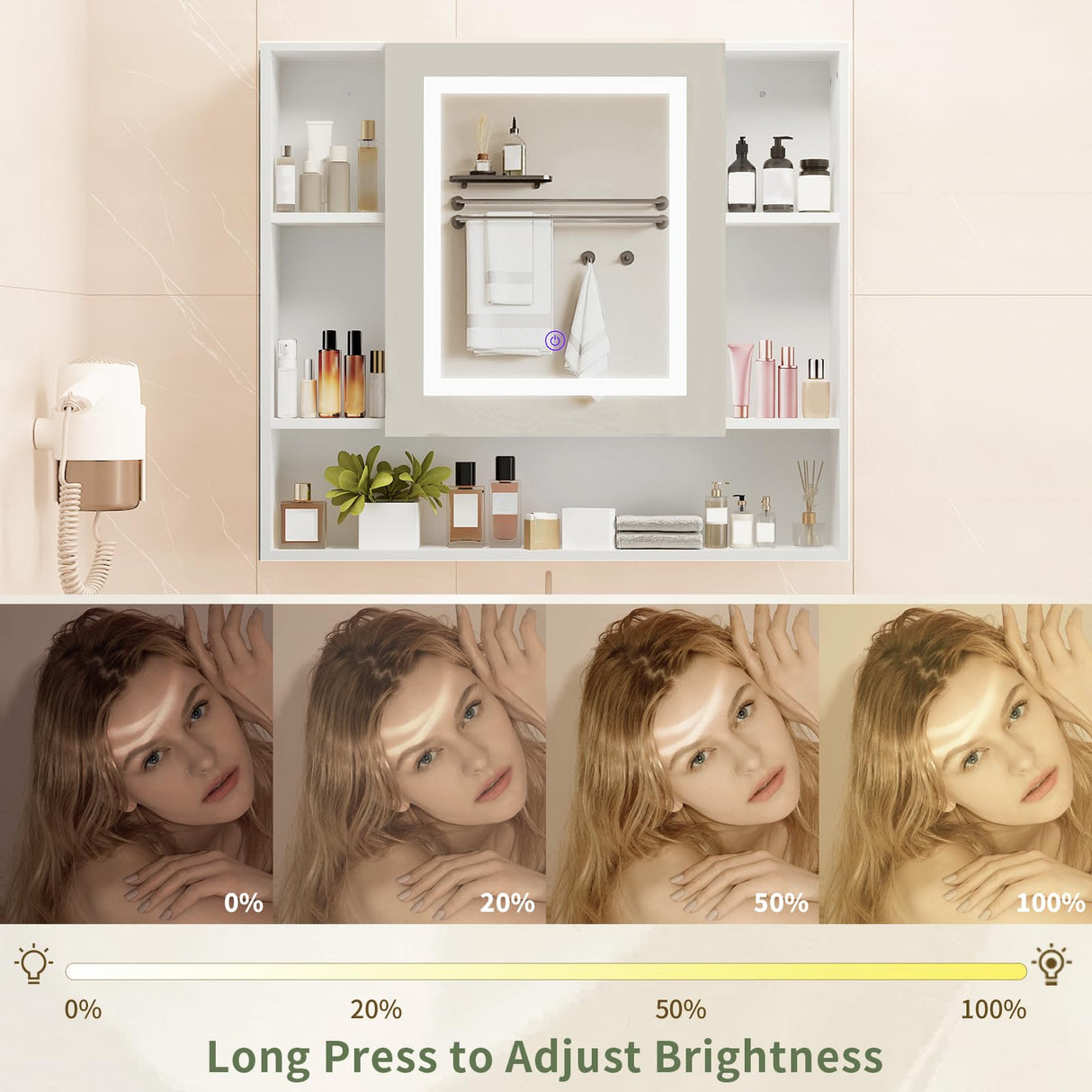 SOOWERY Medicine Cabinet Mirror with Led Light 27.5" W x 24.3" H Lighted Vanity Mirror Wall Mounted Bathroom Storage Cabinet with Single Door Surface Farmhouse Bathroom Cabinets White SOOWERY