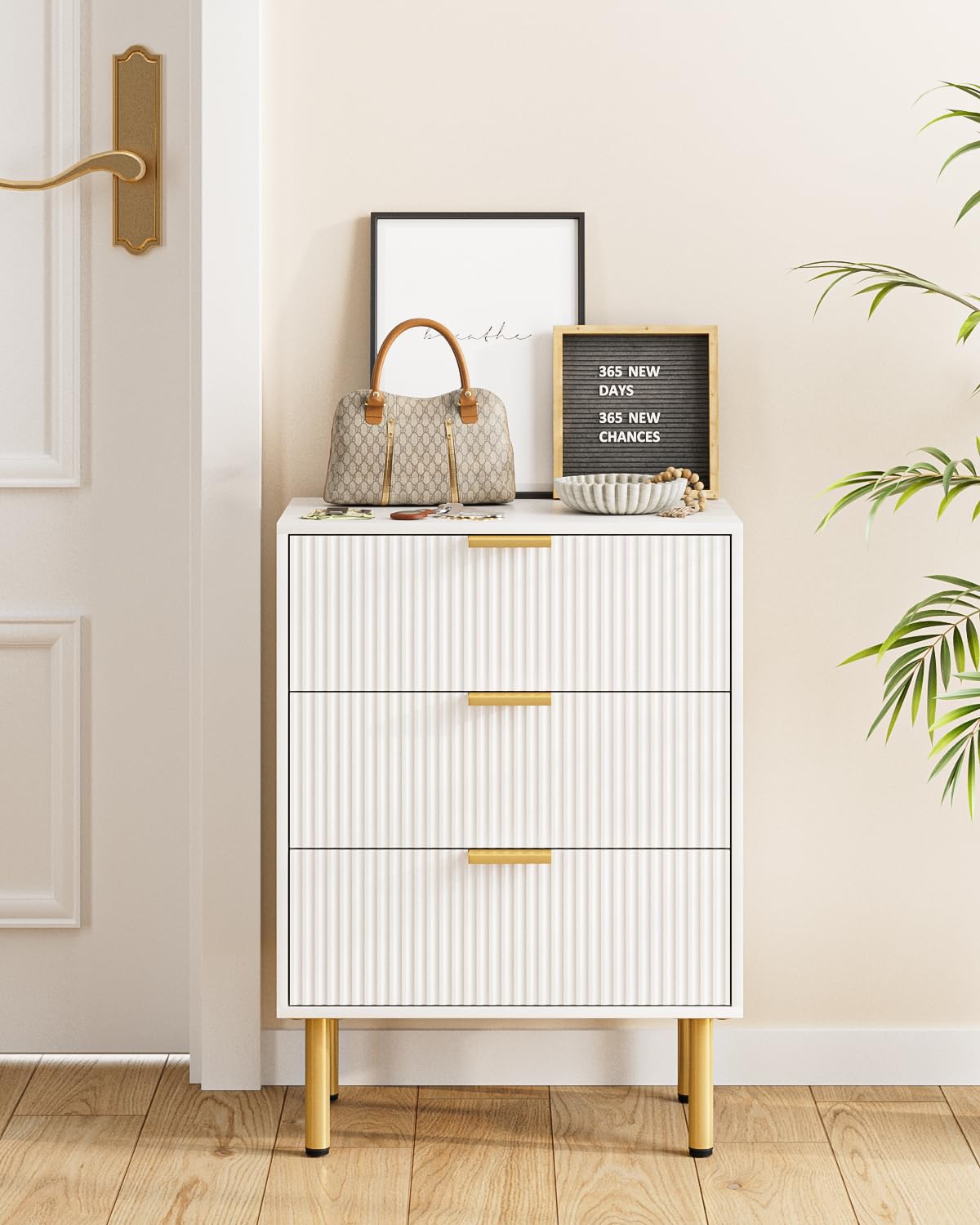 AEPOALUA Nightstand with 3 Drawers,Fluted Bedside Table with Gold Frame,25.7" H White Night Stand,Mid Century Modern Side Accent Table for Bedroom,Living Room AEPOALUA