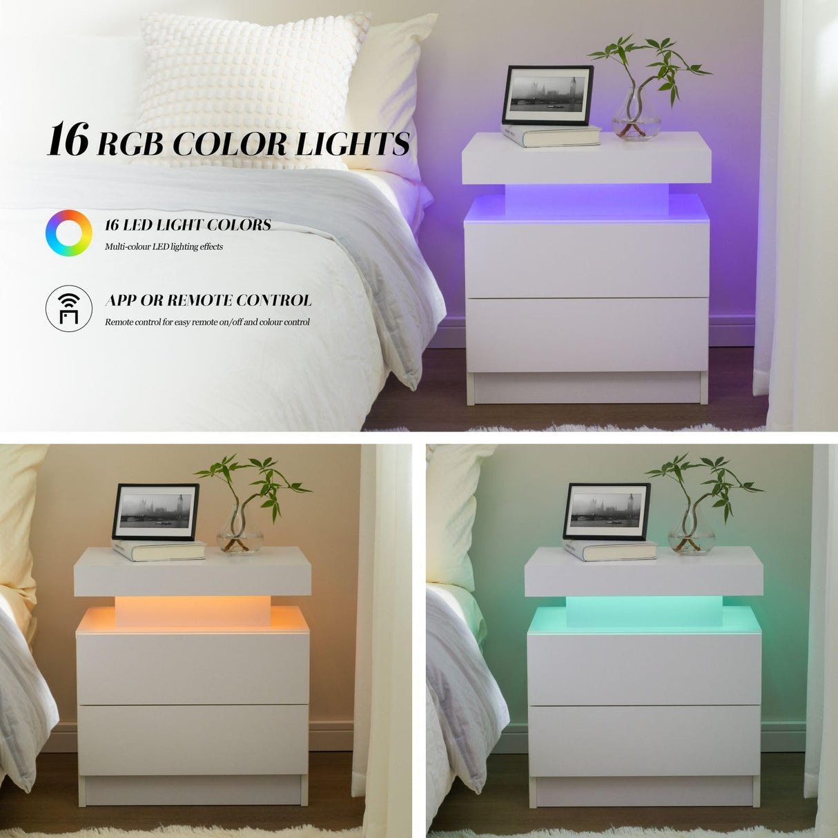 Cubehom White Nightstand LED Bedside Table for Bedroom Modern Night Stand with 2 Wood Drawers End Side Table for Bedroom Generic