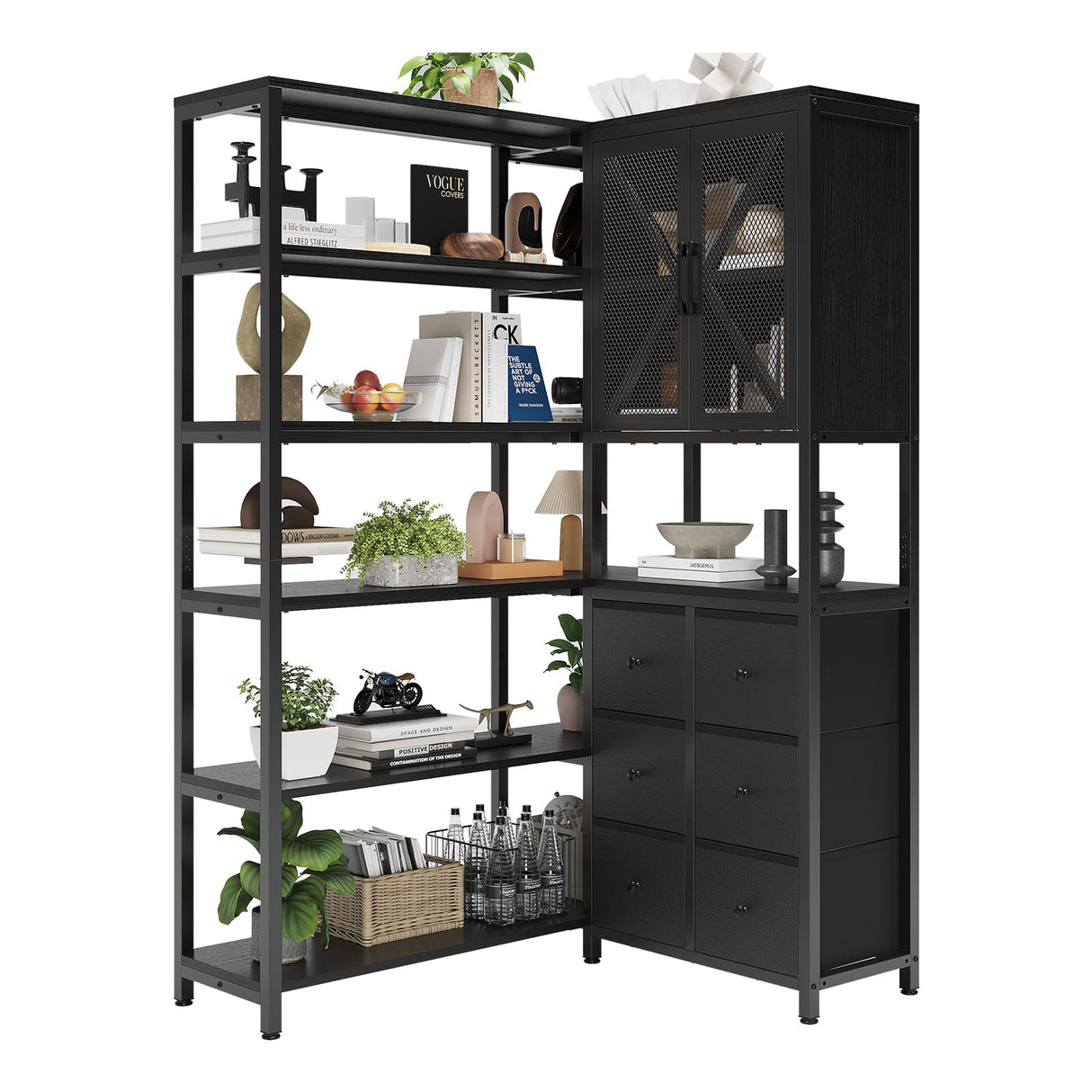 HAUOMS Corner Bookshelf, 6 Tier Industrial Convertible Bookshelf with 6 Fabric Drawers, Corner Bookcase Large L Shaped Storage Display Shelf for Home Office, Living Room, Kitchen, Black HAUOMS