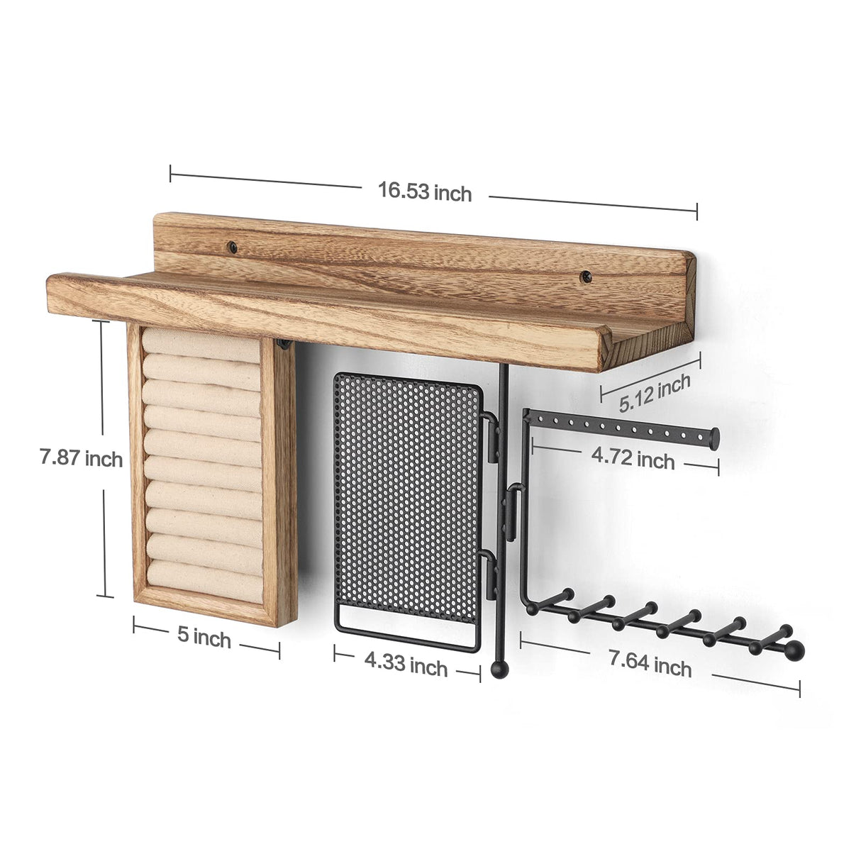 SOLIMINTR Hanging Jewelry Organizer Wall Mount with Rustic Wood Shelf, Ring Display Box, Ear Studs Earring Holder, Rotating Necklace Holder Organizer SOLIMINTR