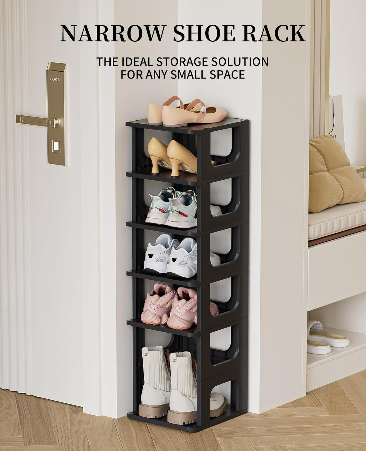 Shoe Organizer Rack for Small Spaces 5 Tier Plastic Vertical Narrow Shelves for Closet Black Shoe Holder, Stand for Entryway Storage Boots Organizer Stackable Cabinet HAIXIN