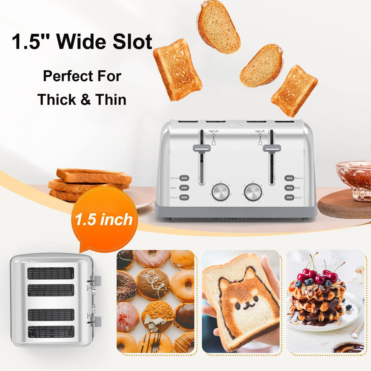 Toaster 4 Slice,Retro Stainless Steel Toater with 7 Shade Settings,Best Prime Toaster for Waffles, 4 Slice Toaster with 3 Mode,Bagels and More Lainsten Toaster T-527 LAINSTEN