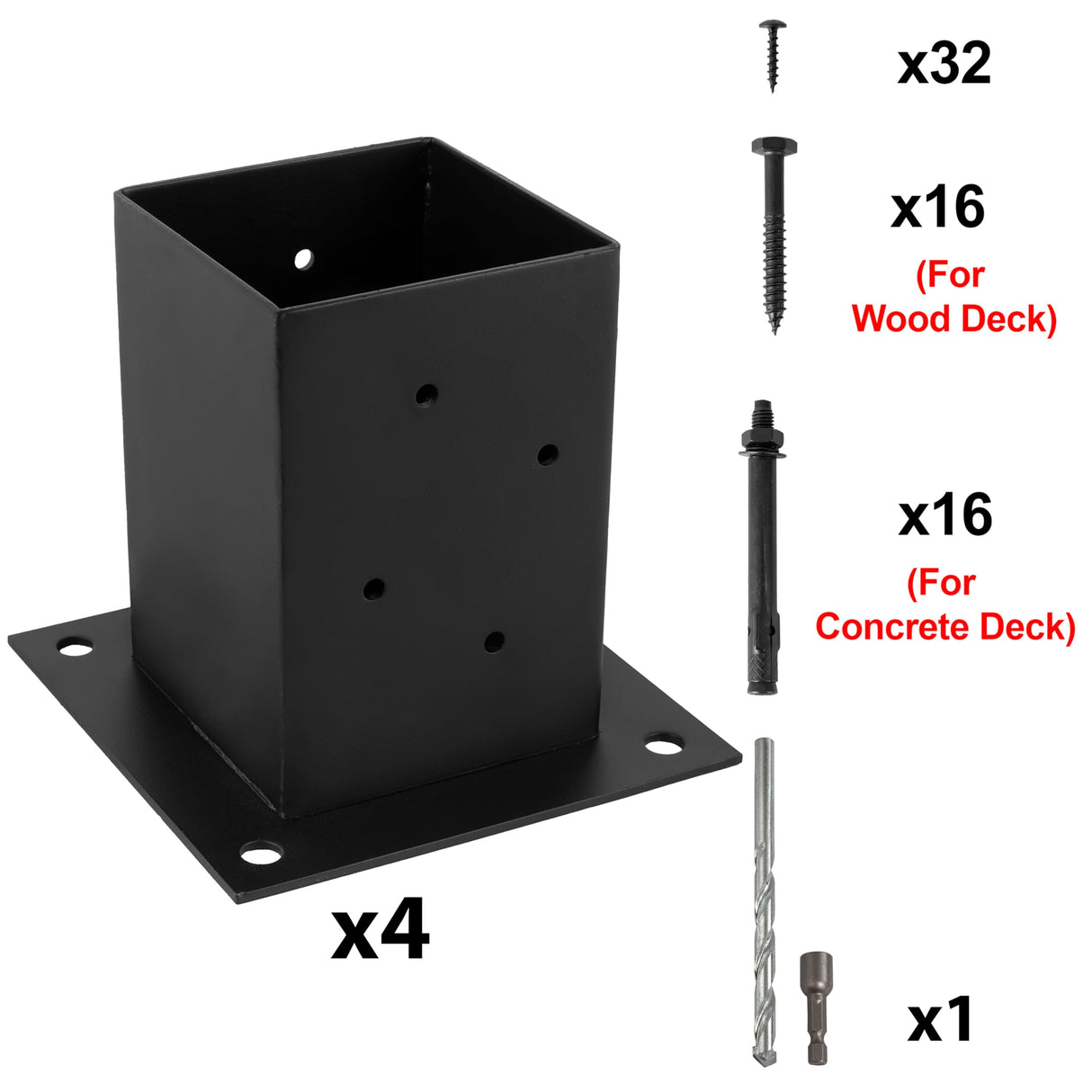 (4 PCS) LADECH 4x4 Wood Fence Post Anchor Base, 2mm Thick Steel and Black Powder Coated,Come with Wood Screws and Concrete Anchors (Black - 4 PCS) LADECH