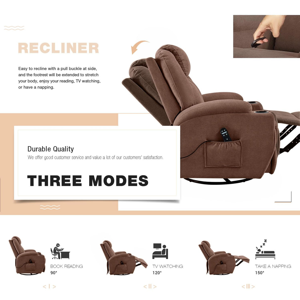 Flamaker Rocking Chair Recliner Chair with Massage Swivel Ergonomic Lounge Chair Classic Single Sofa with 2 Cup Holders Side Pockets Living Room Chair Home Theater Seat (Brown) Flamaker