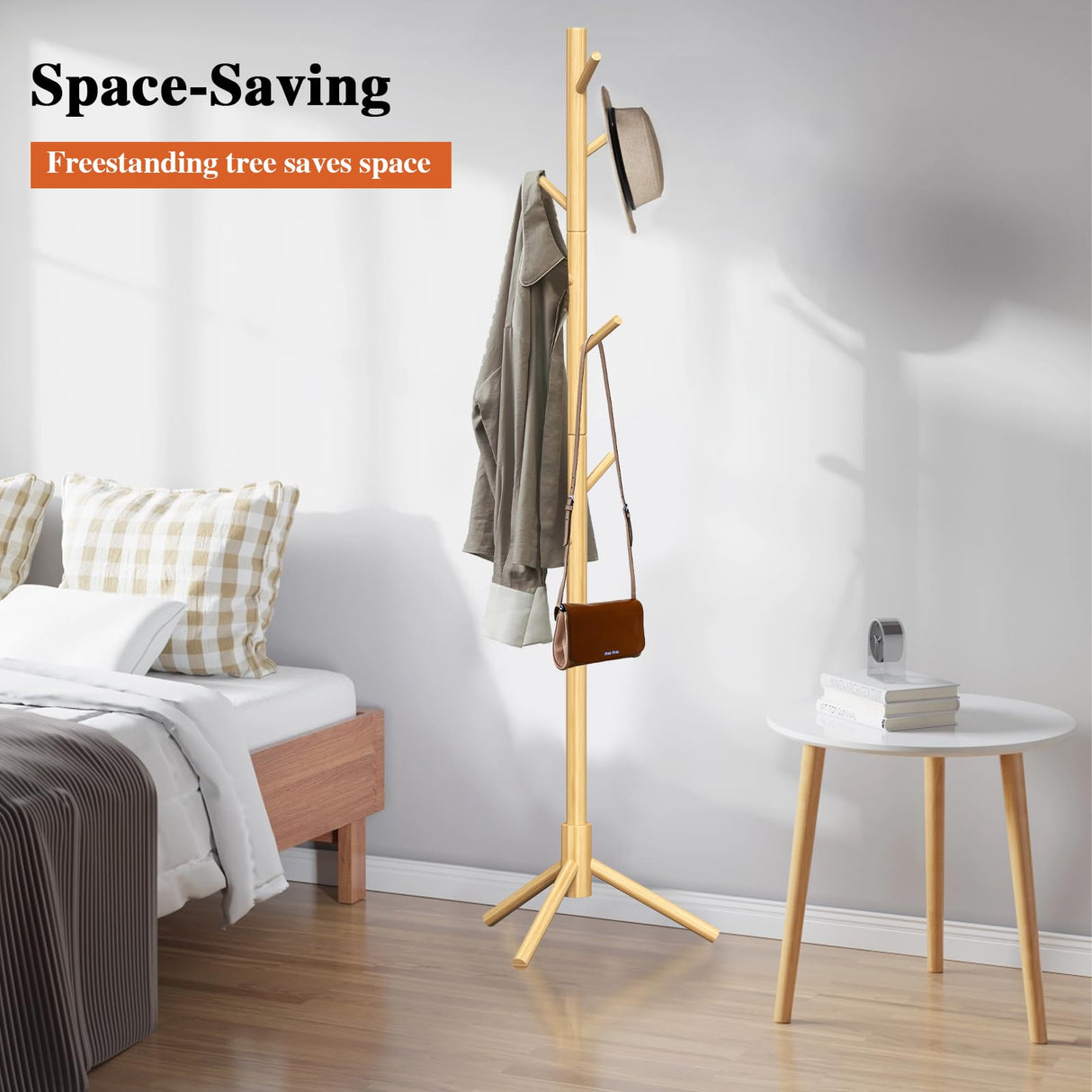 Z&L HOUSE Coat Rack Freestanding, Pure Natural Solid Wooden Coat Tree, 8 Hooks And Adjustable Height Floor Hanger, Used In The Bedroom Living Room Office To Hang Clothes, Hats, Bags Z&L HOUSE