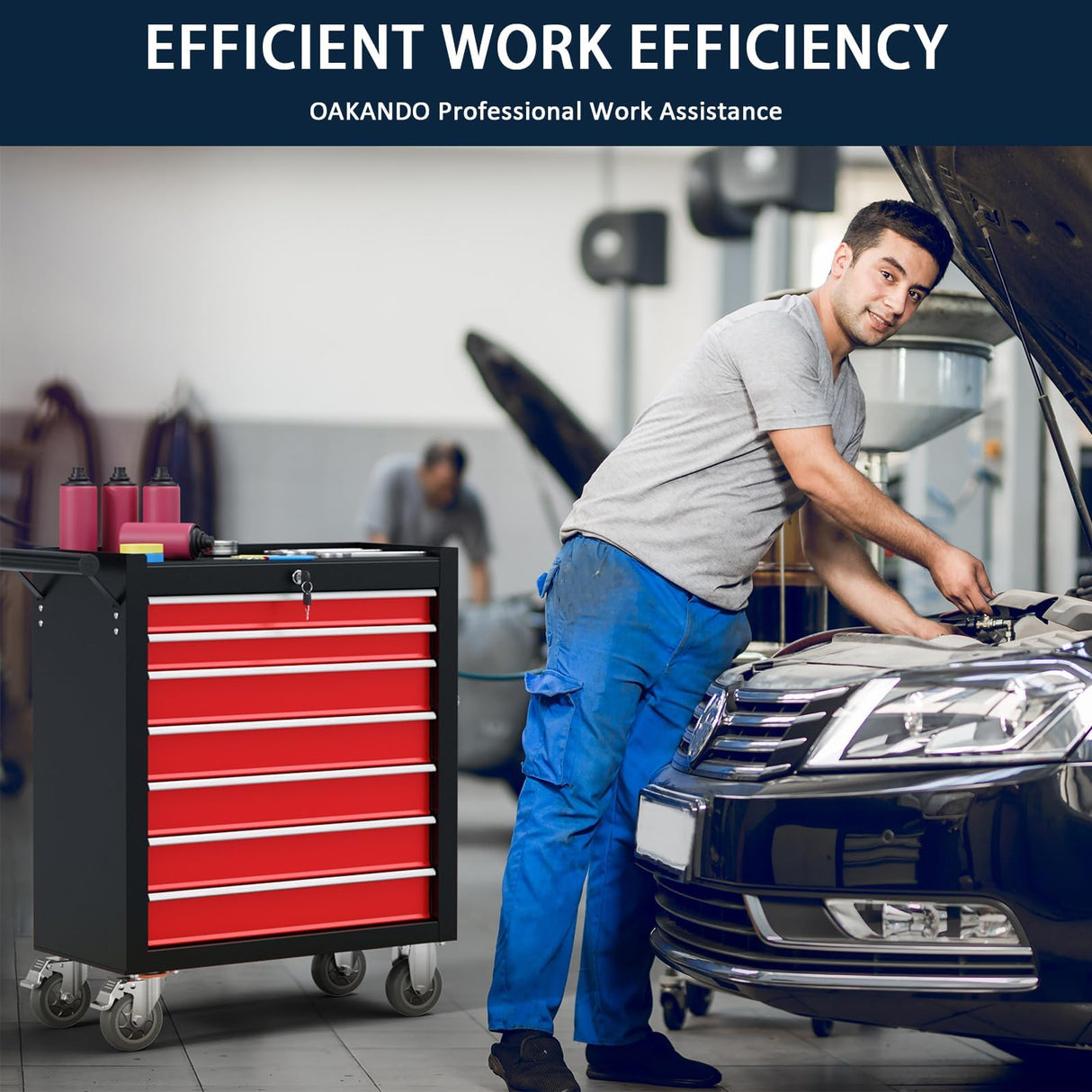 7-Drawer Metal Rolling Tool Chest with Wheels,Tool Storage Cabinet With Locking System,Toolbox with Wheels for Garage, Warehouse, Workshop, Repair Shop(Black&red,7-Drawer) OAKANDO
