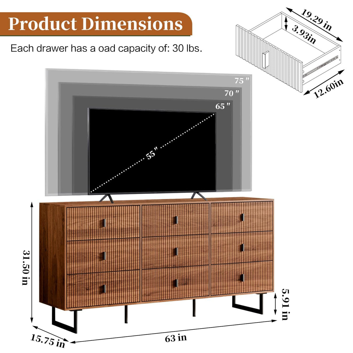 Chrangmay Modern Chest of Drawers with 9 Drawers,Deep Drawers,Clothes Organizer,Large Storage Cabinet for Living Room, Bedroom,Hallway,with Anti-Tipping Device, Walnut. Chrangmay