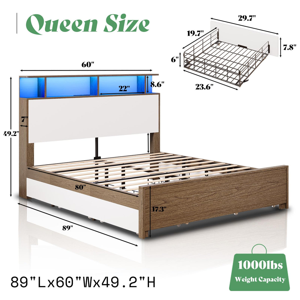 AMERLIFE Queen Size Bed Frame with 49.2" Tall Bookcase Headboard and LED Light, Rustic Platform Bed with Charging Station and 4 Storage Drawers, No Box Spring Needed, Rustic Brown AMERLIFE