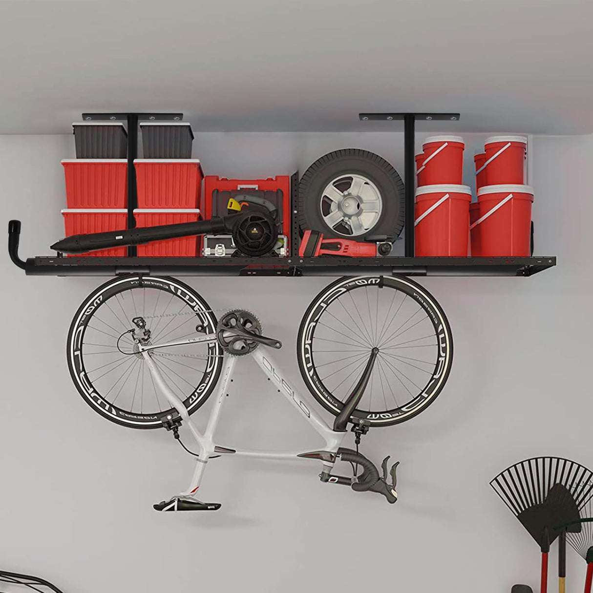 Tlence 4 Pack Overhead Garage Storage Hooks, 16.5" Heavy Duty Ceiling Mount Hangers, Double T-Bar Metal Ladder Ceiling Racks, Hanging for Bike, Pipe Lumber, Fishing Rod, Sports Equipment Tlence