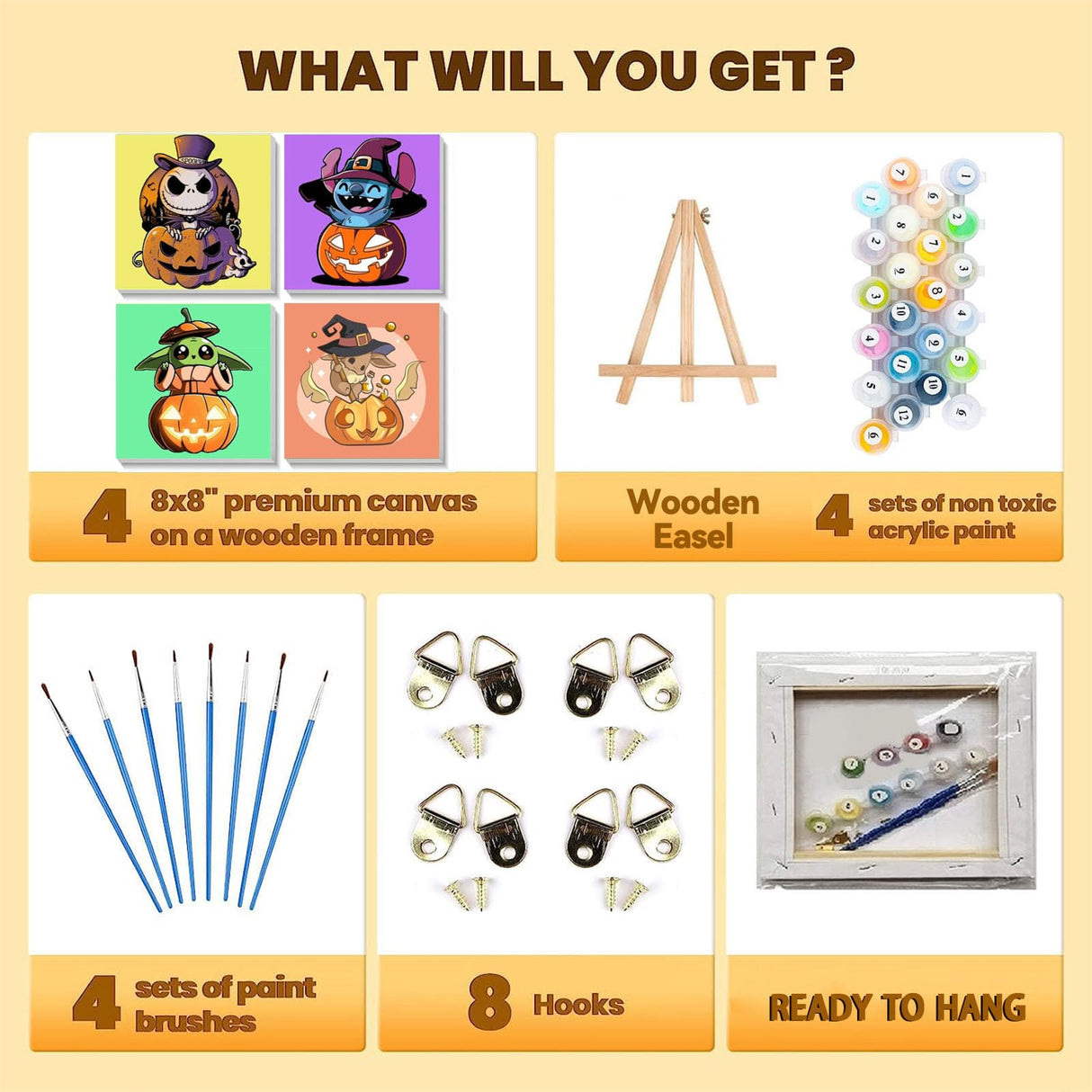 4 Pack Halloween Cartoon Paint by Numbers for Kids with Framed Canvas-with Wooden Easel, Pumpkin Paint by Number for Kids Ages 4-8-12, DIY Easy Acrylic Oil Painting Kits for Home Wall Decor (8X8inch) KOJEFCV