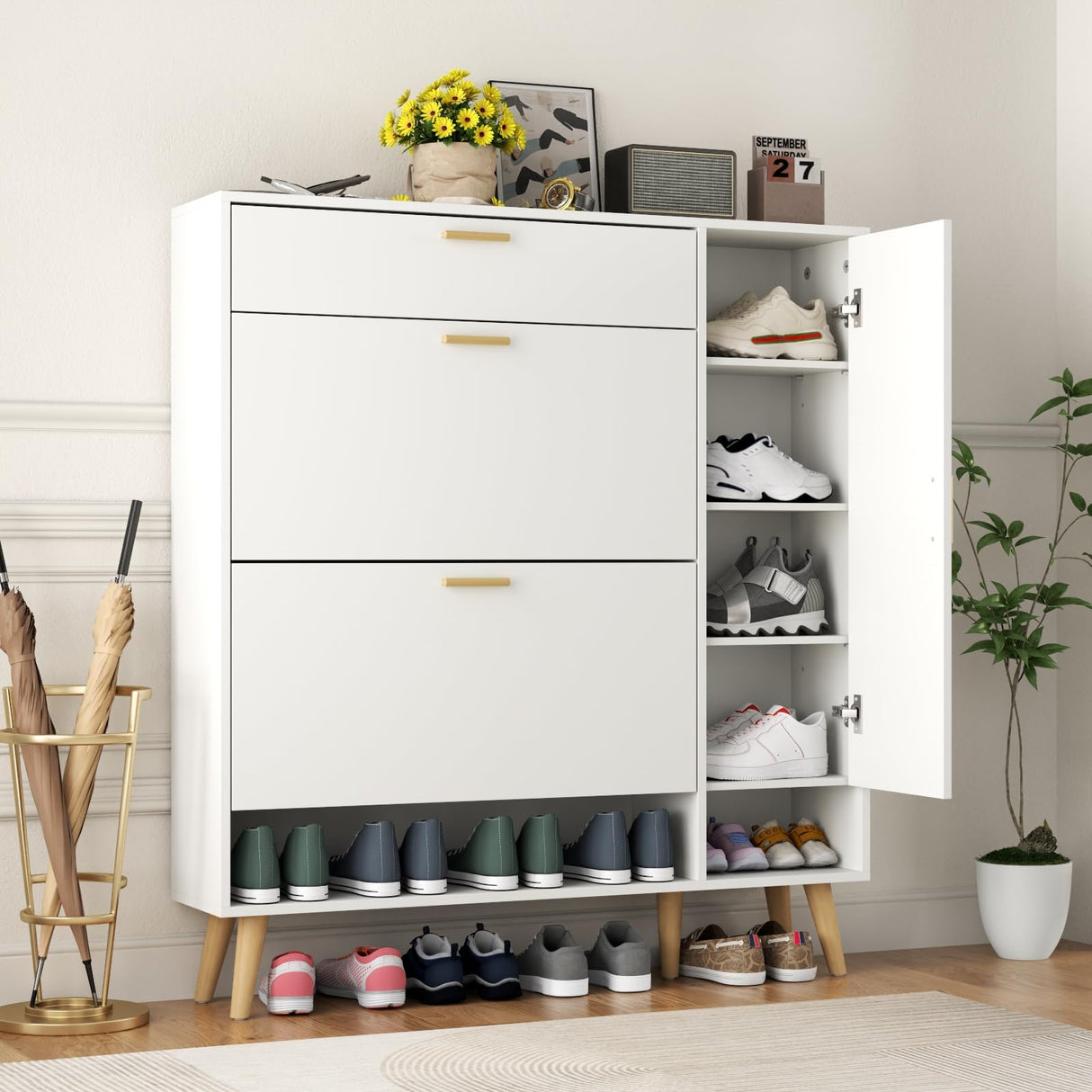 Gyfimoie Shoe Cabinet with 3 Flip Drawers & Side Cabinet and Adjustable Shelves, Narrow Entryway Hidden Shoe Rack with Doors, Hallway Organizer (White) Gyfimoie