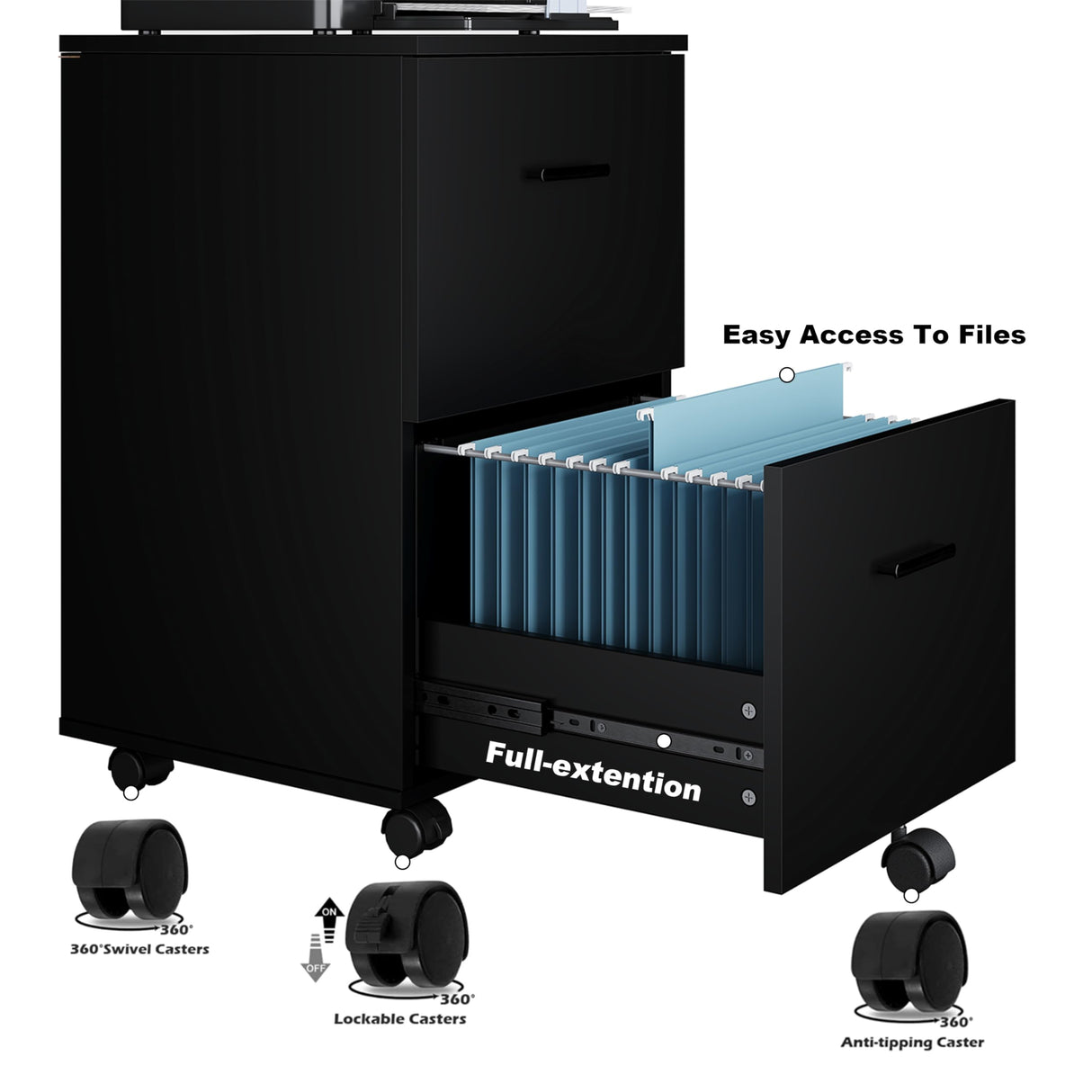 2 Drawer Mobile File Cabinet, Wood Rolling Filing Cabinet Printer Stand Under Desk Storage Organizer Fits Letter Size File Folders for Home Office (Black) Panana