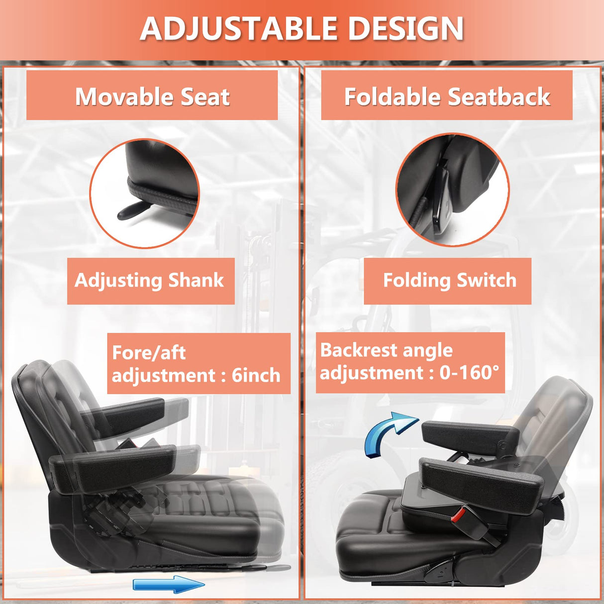 Universal Fold Down Forklift Seat with Adjustable Angle Back,Armrest And Safety Belt,for Tractor,Excavator Skid Loader Backhoe Dozer Telehandler KL Seating