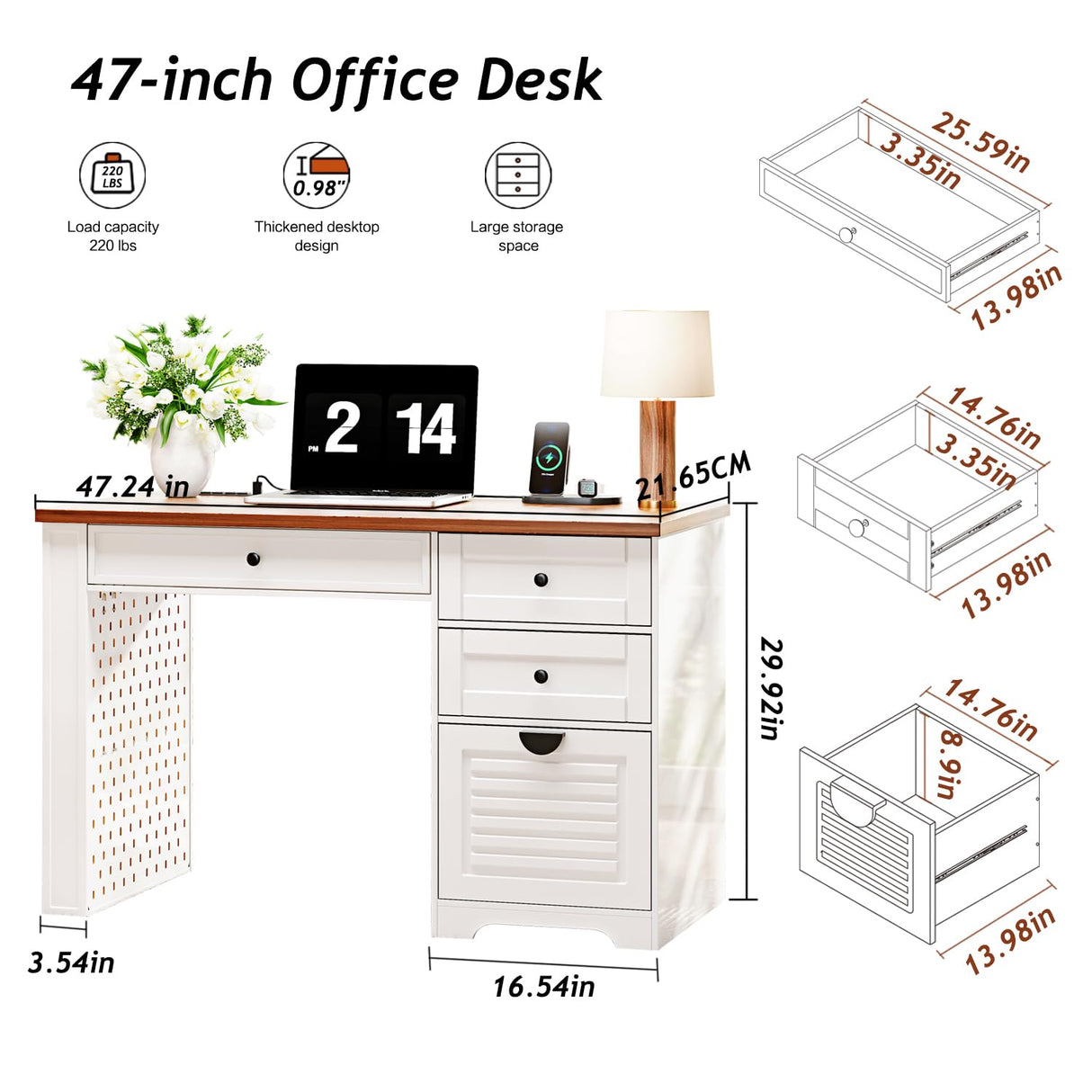 Ieejdn 47" Home Office Desks, Executive Desk, Farmhouse Computer Desk with Drawers and Charging Station, File Drawer, Storage Cabinet, Rustic Computer Writing Desk,Antique White Ieejdn