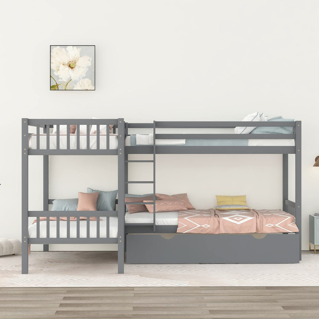 L-Shaped Bunk Bed with Drawers, Bunk Bed for 4 Twin Over Twin for Boys Girls Kids Teen Wood Quad Bunk Beds Frame, Gray Bellemave