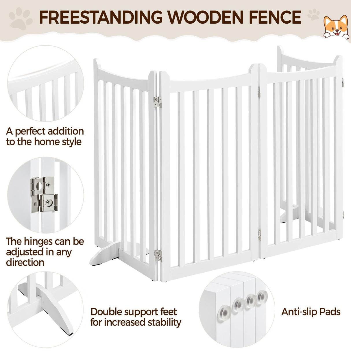 Yaheetech 36" H Extra Tall Freestanding Pet Gate 4-Panel Wooden Dog Fence with 2 Support Feet Folding Dog Gate for Indoor, Stairs, Doorways, Halls, Kitchen Wooden Pet Barrier White, 79.5" L x 36" H Yaheetech