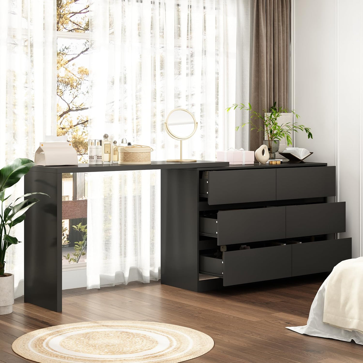 TAMUNE L-Shaped Dressing Table with 6 Drawers, Extendable Vanity Desk and Dresser Combo, Wood Vanity Dresser Makeup Desk, Wide Desktop for Bedroom Dressing Room Black (51.2”W x 47.2”D x 32.7”H) TAMUNE