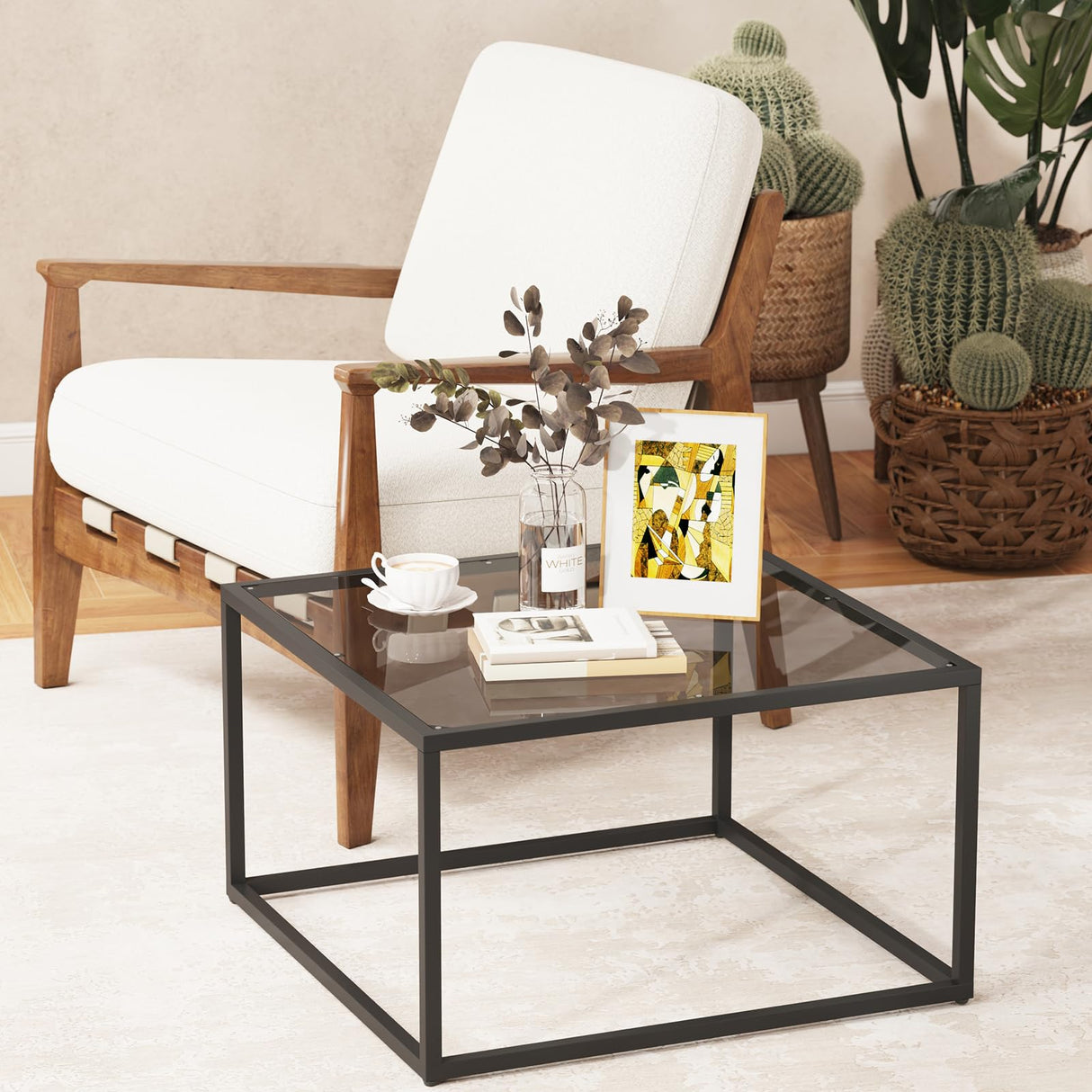 YMYNY Glass Coffee Table, Tempered Glass Square Coffee Tables with Metal Frame, Unique Modern Table for Living Room Home Office 26.77" x 26.77" x 15.75", Black Grey, UHCT001H YMYNY