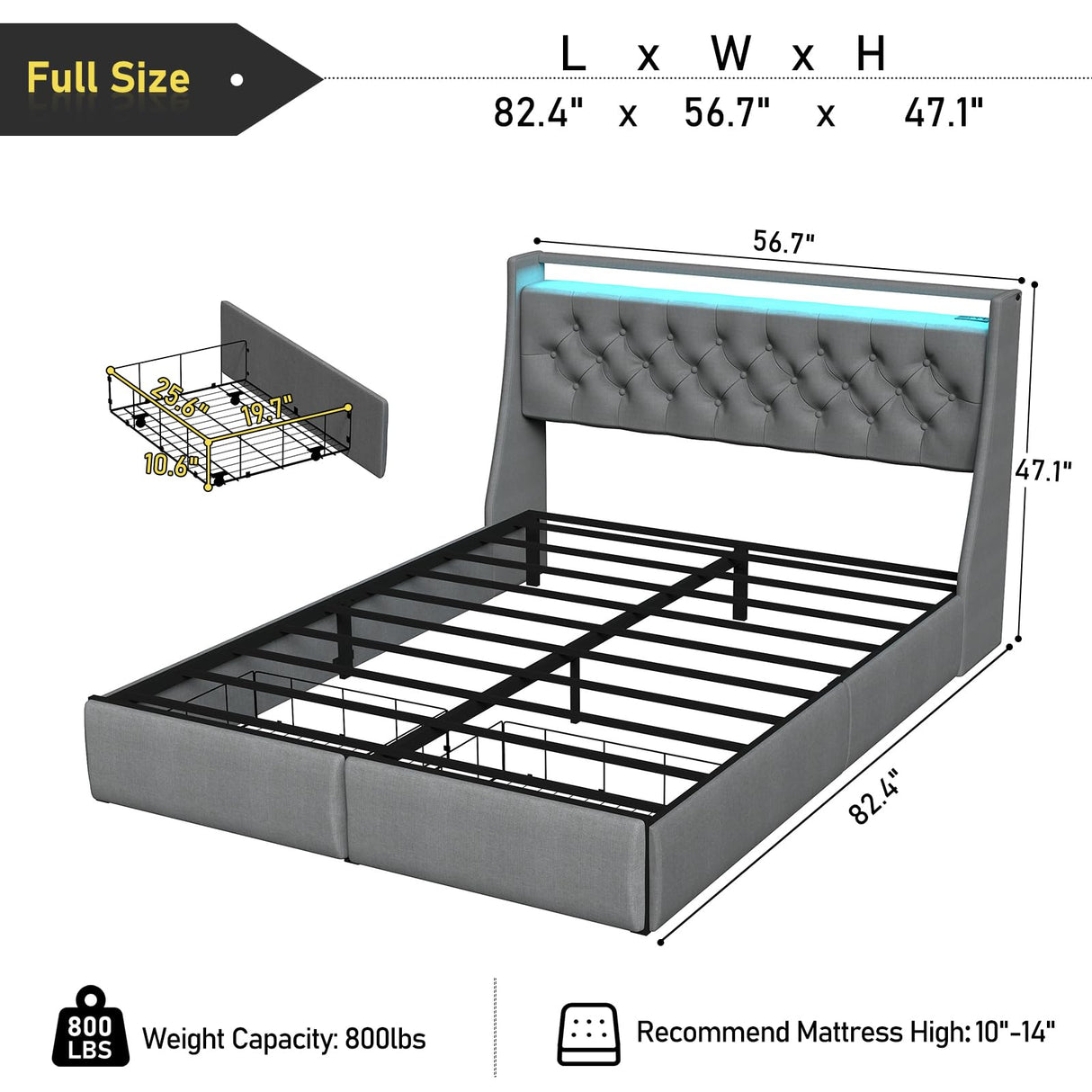 SADENICEL Full Size Bed Frame with Storage Headboard and 2 Drawer, Metal Full Bed Frame Platform with LED Light, Charging Station, No Box Spring Needed, Noise Free, Easy Assembly, Grey SADENICEL
