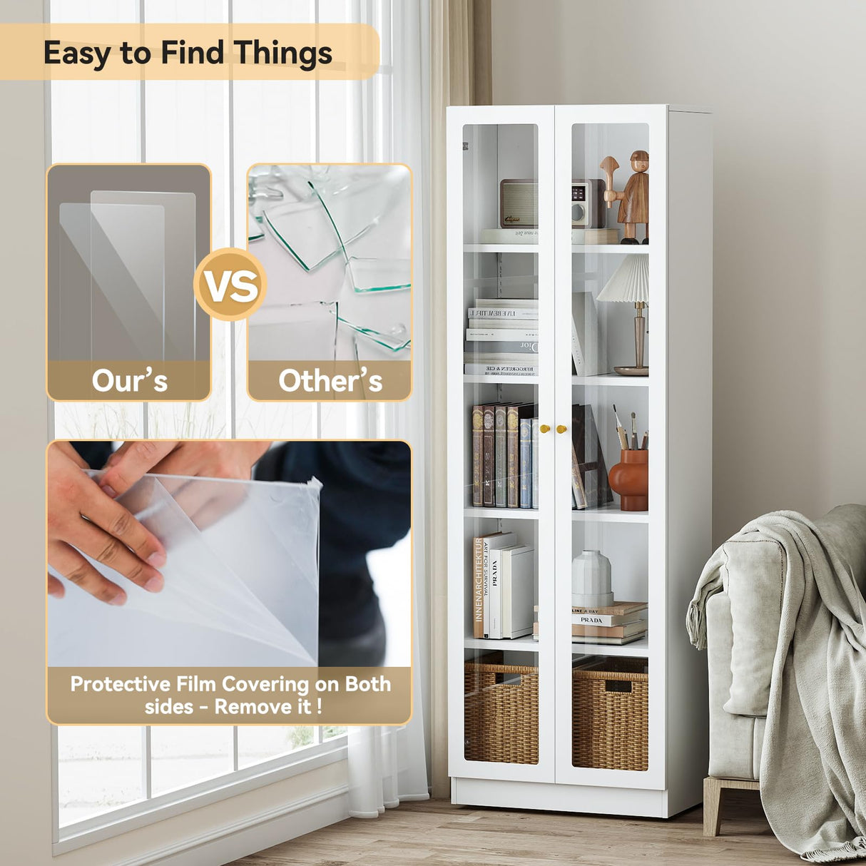 IRONMIX White Bookcase with Doors, 5 Tier Bookshelf, Tall Bookshelf with Storage, Modern Display Cases for Collectibles, 70.87" Display Cabinet with Doors Curio Cabinet for Home Office Library IRONMIX