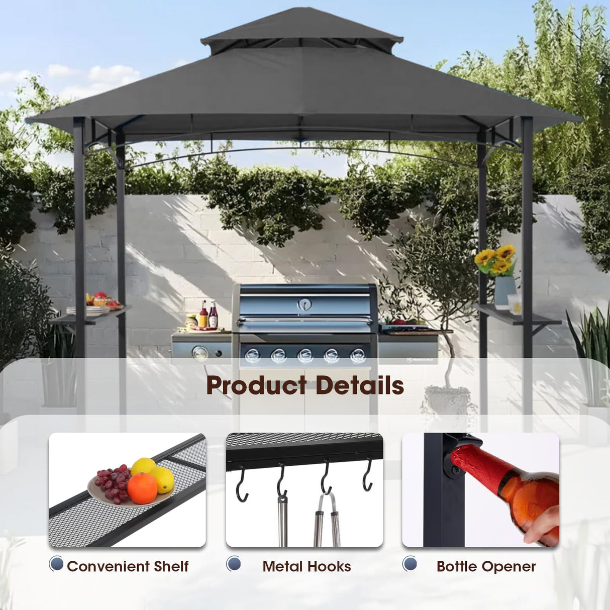 Outdoor Grill Gazebo Tent BBQ Canopy for Outdoor Barbeque Shelter Girll Canopy Grill Gazebo Hardtop with Stable Steel Frame / L96 x W60 x H101 Inch Deep Grey Grezone