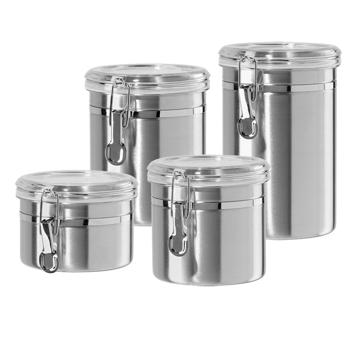 Oggi Set of 4 Stainless Steel Kitchen Canisters - Airtight Clamp Lid, Clear See-Thru Top - Ideal for Kitchen Storage, Food Storage, Pantry Storage - Includes 1 each: 26oz, 36oz, 47oz, 62oz. Oggi