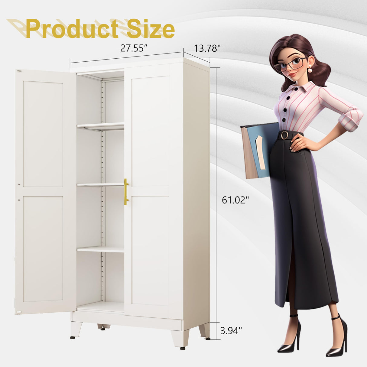 pozdeg Metal Storage Cabinet - 61" Tall Steel File Cabinets with 2 Doors and 3 Adjustable Shelves Versatile Storage Pantry Cabinet for Home Office Warehouse Garage or Outdoor (White) pozdeg