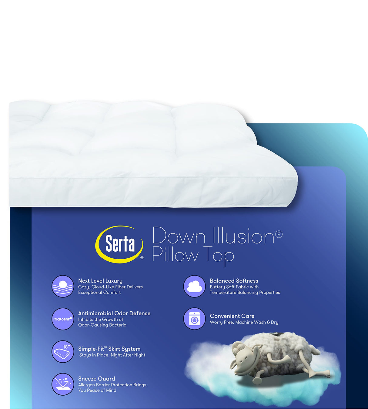 SERTA Down Illusion Soft Hypoallergenic 2 inch Pillowtop Simple Fit Mattress Topper, Queen, White Serta