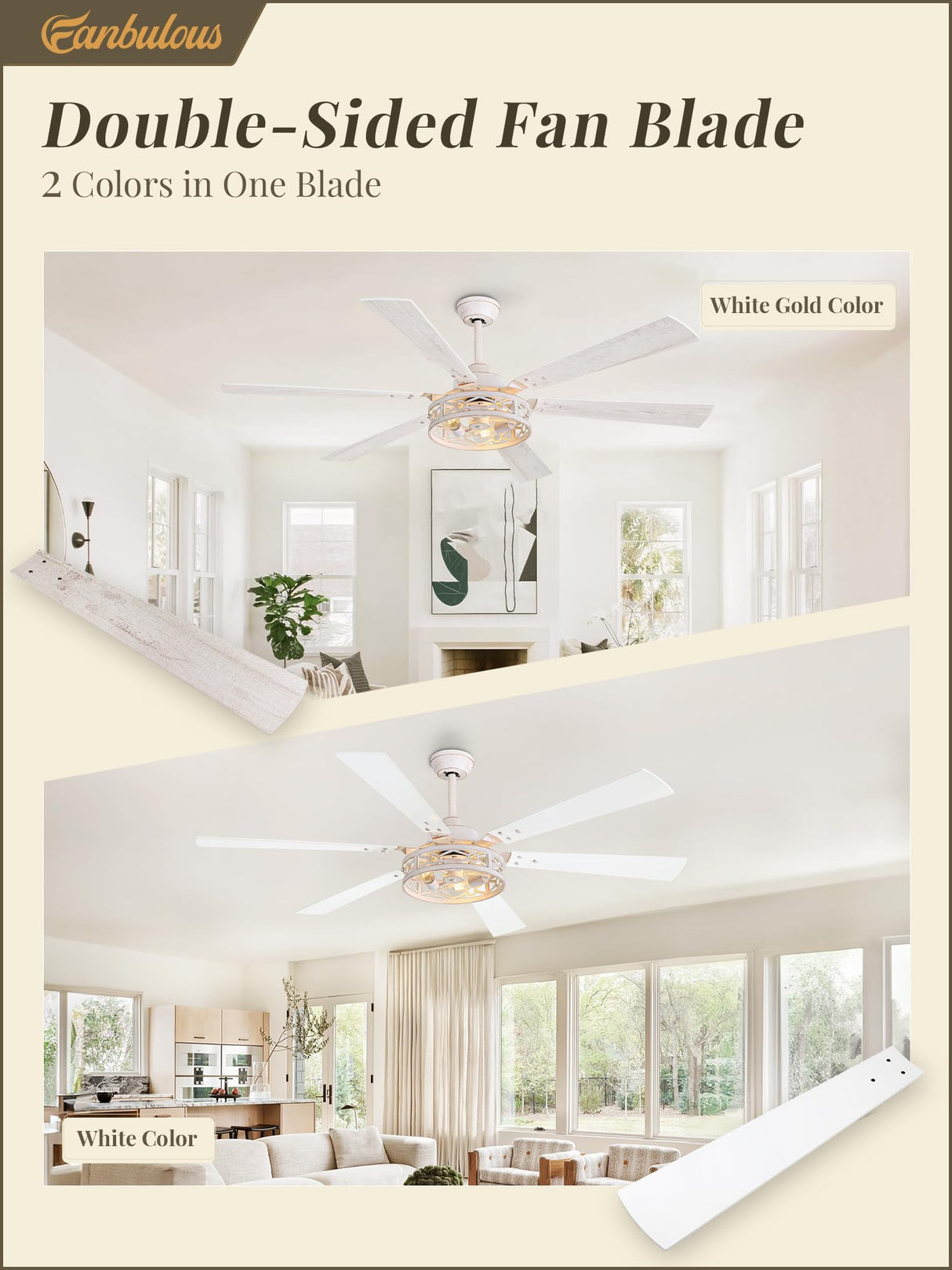 Fanbulous 65 Inch Ceiling Fan with Lights, Farmhouse Caged Ceiling Fans with Remote, White Industrial Ceiling Fans with Quiet Reversible DC Motor, Large Ceiling Fan for Living room, Bedroom Fanbulous