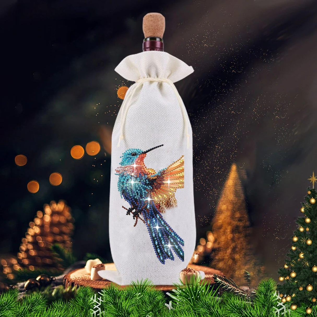 ARTopet DIY Diamond Christmas Wine Bottle Bags with Drawstring Diamond Art Painting Burlap Wine Gift Bags for Xmas Festive Holiday Party Wedding, Travel, Birthday-Hummingbird ARTopet