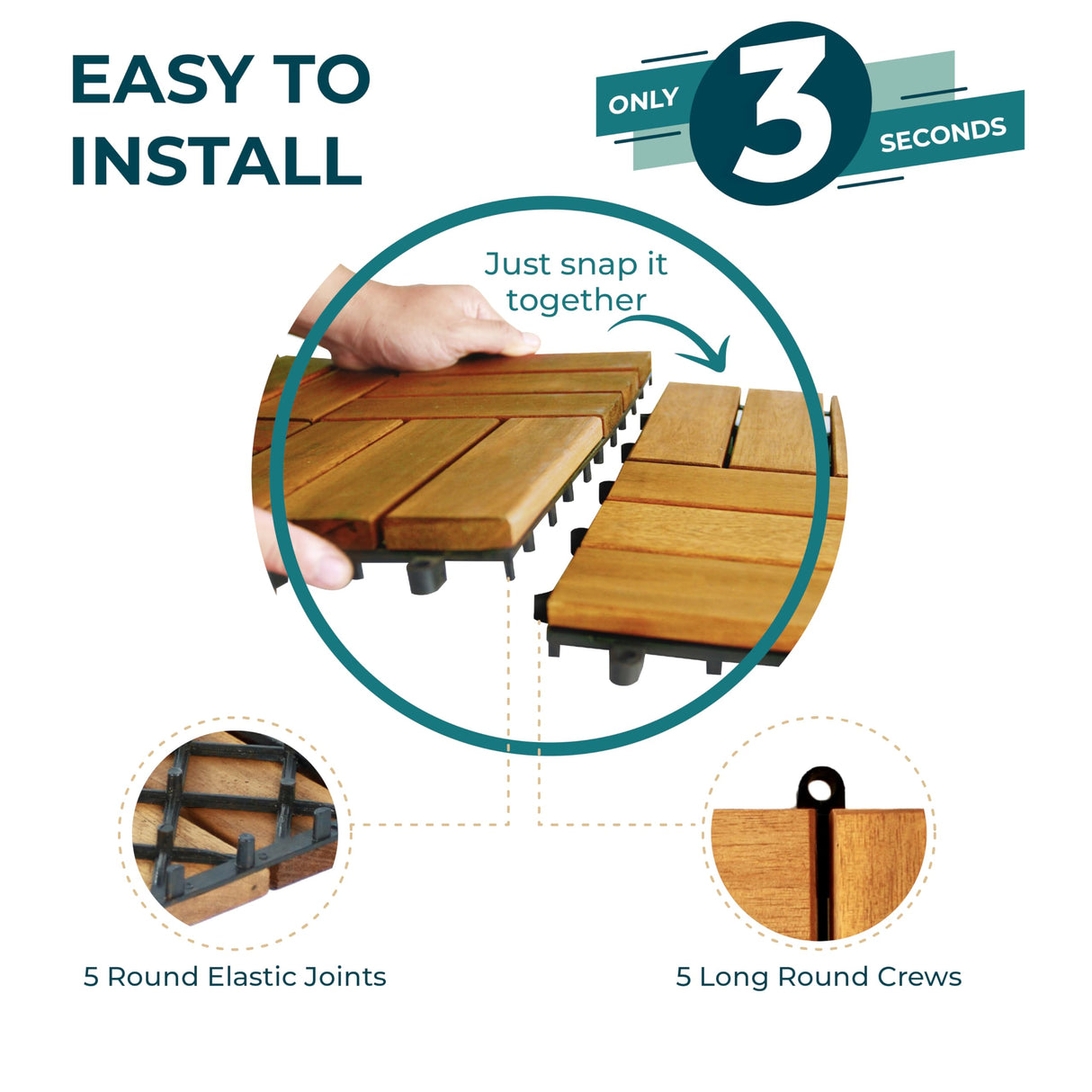 CLOVERHOLM Interlocking Deck Tiles - Waterproof 12”x12” Acacia Wood Tiles, Patio Tiles for Indoor and Outdoor, Garden, Roof Terrace Tiles, 12 Slats Checker Pattern (10Pcs, Teak, 12x12 inches) CLOVERHOLM