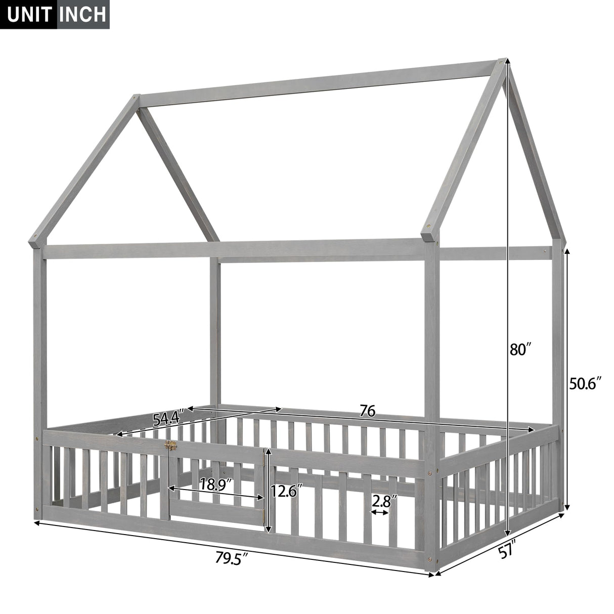 Harper & Bright Designs Grey Wash Full Montessori House Bed with Fence and Door for Kids Harper & Bright Designs