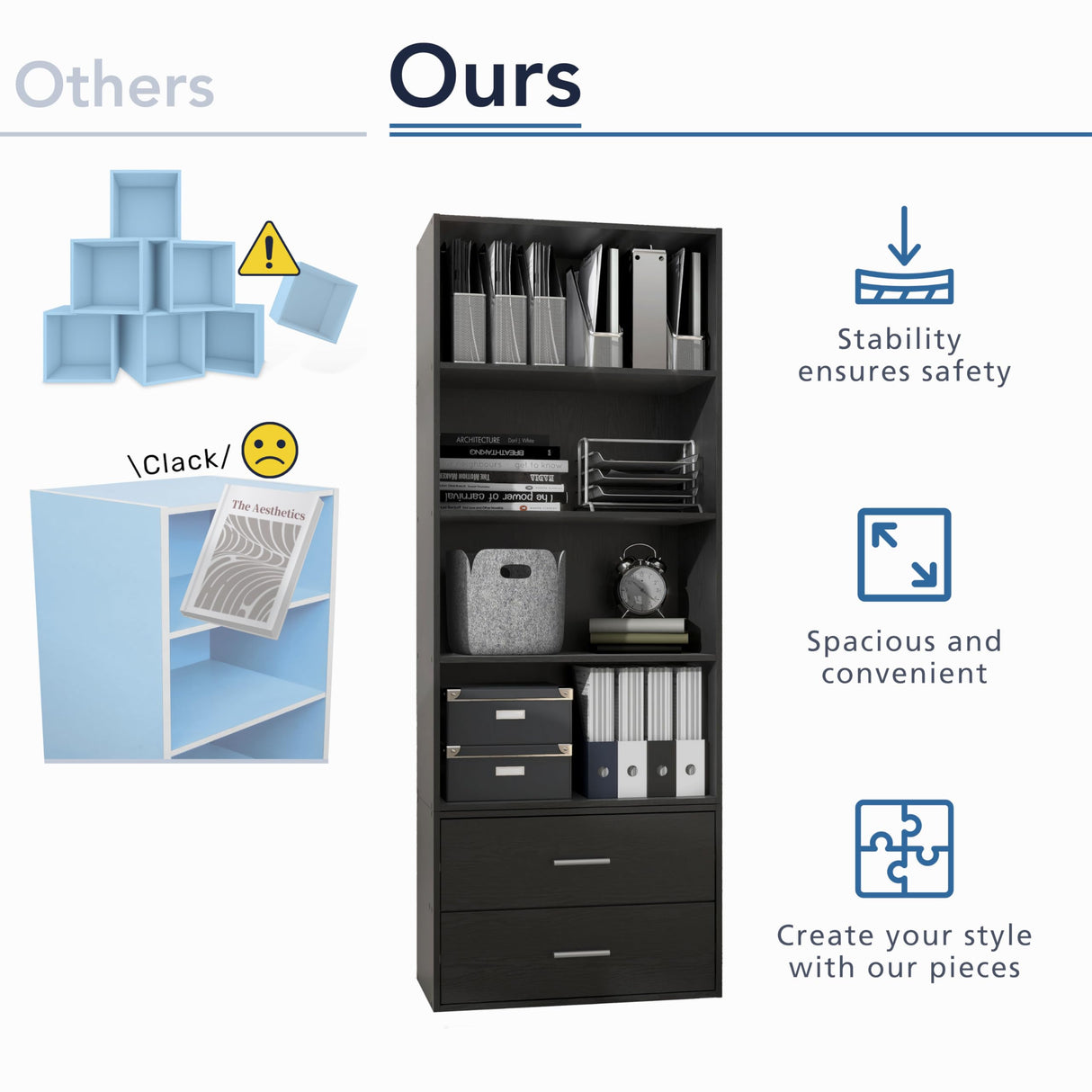 HOMES: INSIDE + OUT Apexa 3 Cube Storage Organizer Shelves, Stackable Wood Bookcase Fits Cubby Bins for Organization, Dorm Teen Room Decor & Home Office, Black HOMES: INSIDE + OUT