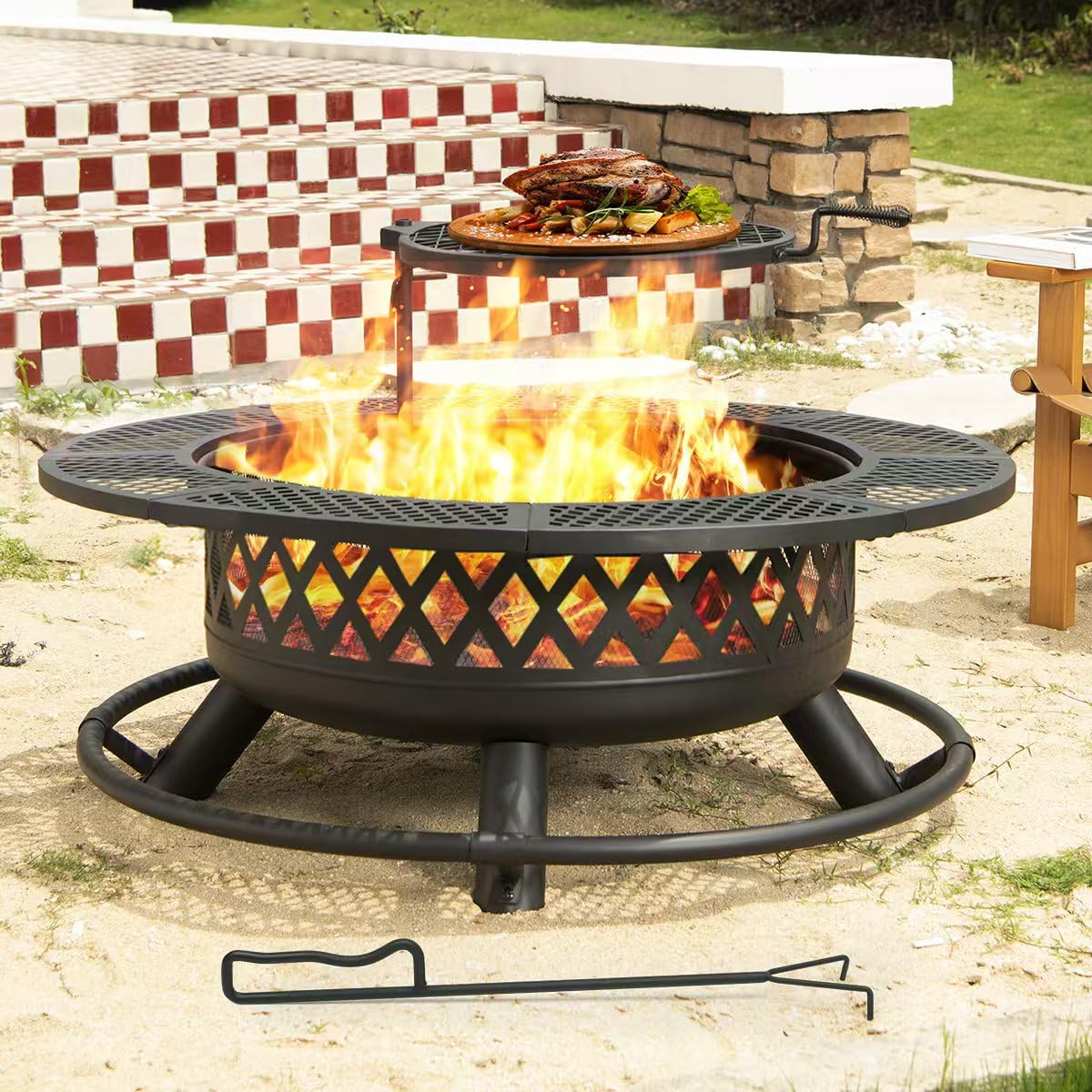 Panovue 42 Inch Outdoor Fire Pit with Grill, Large Firepit Table for Outside, Metal Round Firepits with Lid&Fire Poker,3 in 1 Wood Burning Fire Pits & Outdoor Fireplaces for Backyard,Patio(Black) Panovue