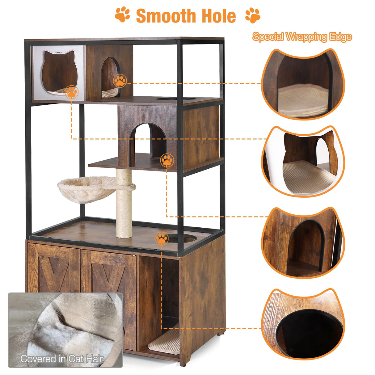 Cat Litter Box Enclosure,Hidden Litter Box Furniture with Metal Frame,Wooden Kitty House with Barn Door,Wooden Cat Washroom Furniture,Fit Most of Litter Box (Wood, M) Suumerpety