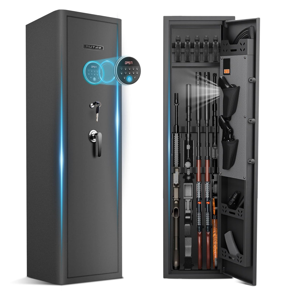 Mutak 4-5 Rifle Gun Safe for Home Rifle and Pistols, Biometric 5 Rifle Safe & 5 Pistols Racks, 4 Ways Quick Access with Fingerprint/PIN/Key/Type-C, Gun Cabinet with Alarm (No Assembly Required) Mutak