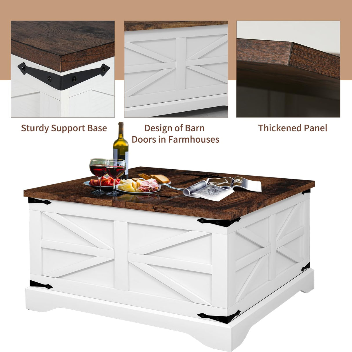 oneinmil Modern Farmhouse Coffee Table, Square Wood Center Table with Large Storage Space, Metal Corners, Z Shape, White oneinmil