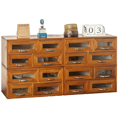 Set of 4 Store and Display Wooden Desktop Organizing Cabinets - Mahogany Wood Display Chest with 4 See-through Drawers Each - 16-Drawer Storage for Work Table, Vanity, Dresser or Kitchen Counter