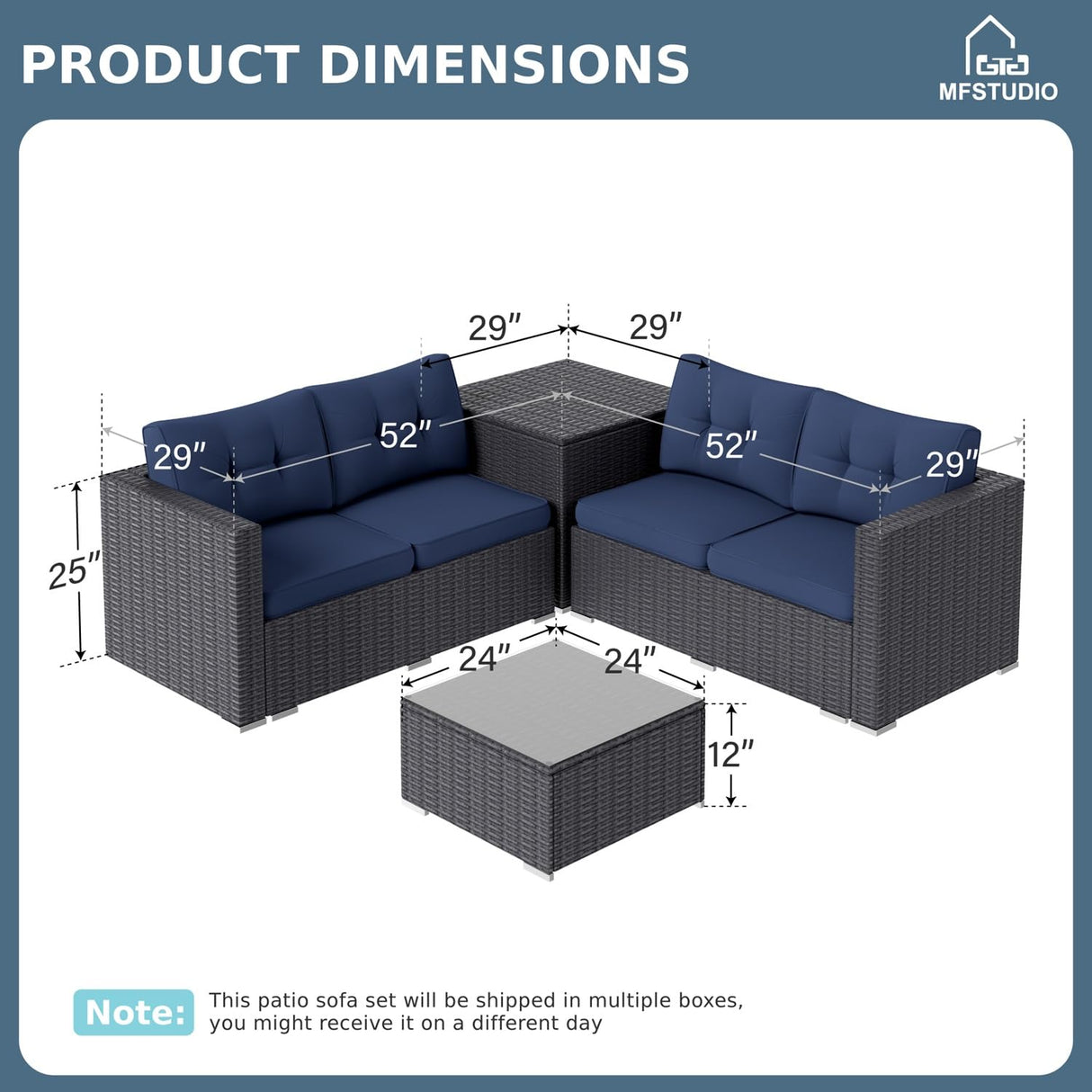MFSTUDIO 4 Piece Wicker Patio Furniture Set, L Shaped Small Rattan Patio Sectional Sofa Couch Outdoor Conversation Sets with Navy Blue Cushions, Storage Box, Glass Coffee Table for Garden, Backyard MFSTUDIO