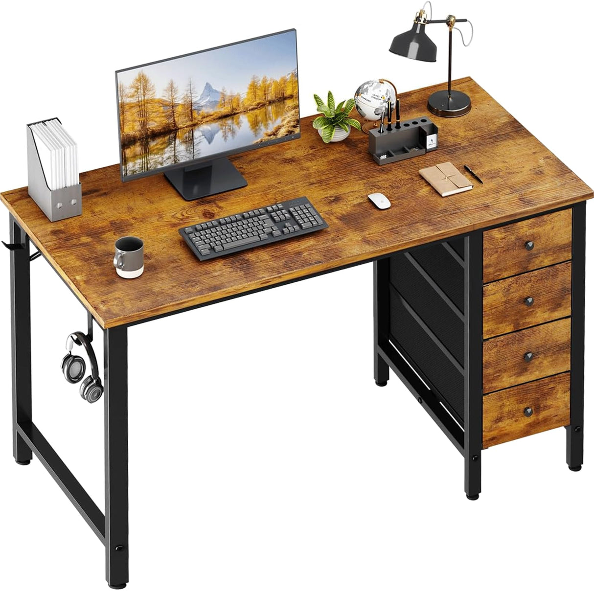 Lufeiya 47 inch Computer Desk with 4 Fabric Drawers, Writing Work Study Desk for Home Office Bedroom, Modern Simple Student PC Desks, Rustic Brown Lufeiya